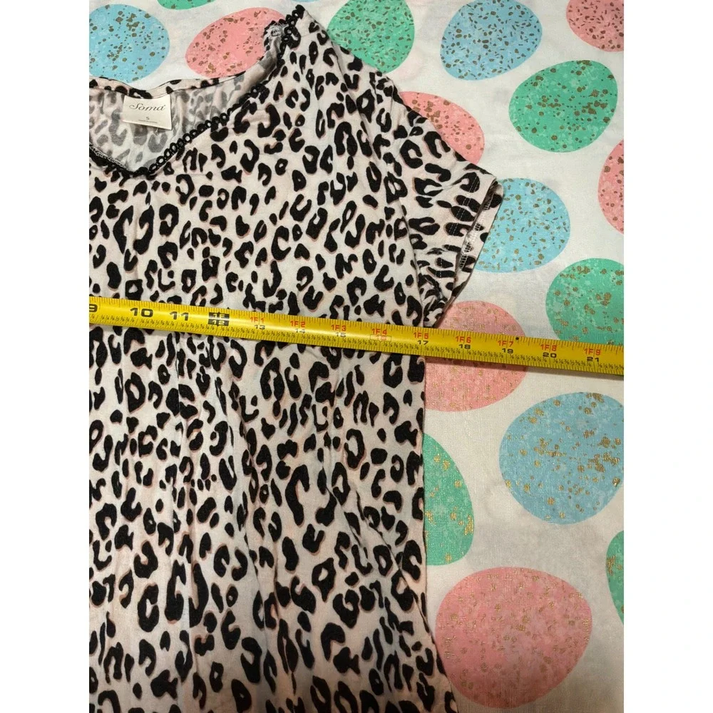 Soma Intimates Leopard Print V-Neck Sleep Shirt Black Tan Lace‎ Trim Small